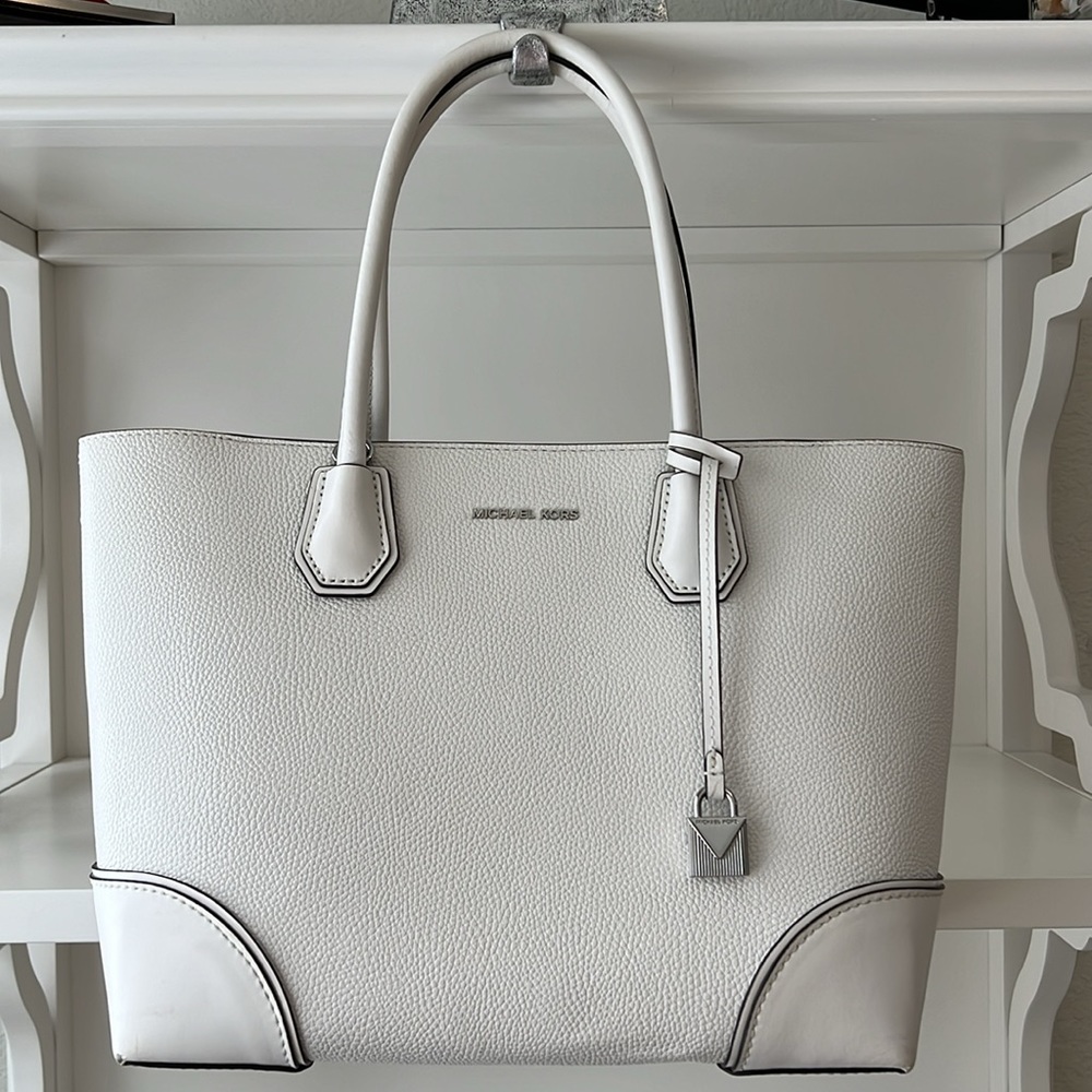 Michael Kors East West Medium Optic White Tote w/ Crossbody Bag Adjustable Strap